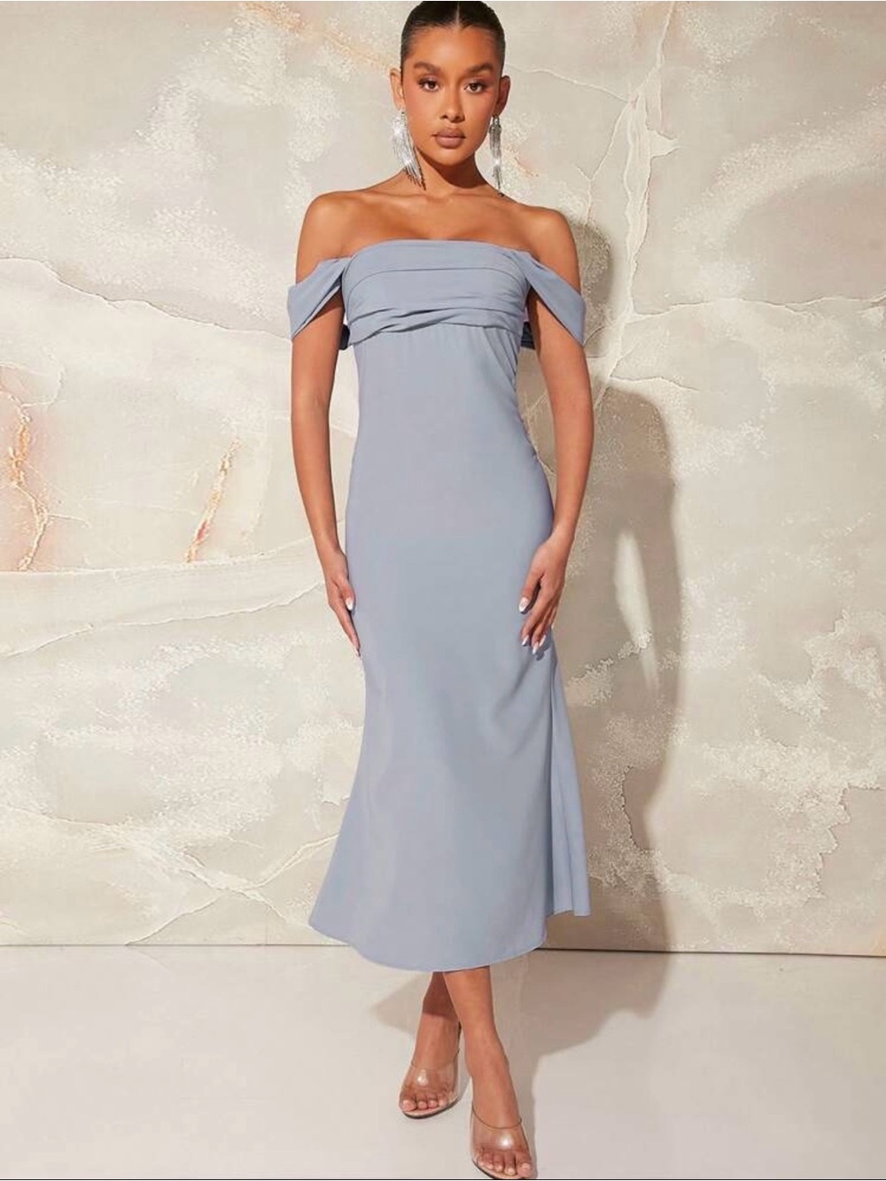 Elegant Light Blue Grey Off-Shoulder Dress Size M